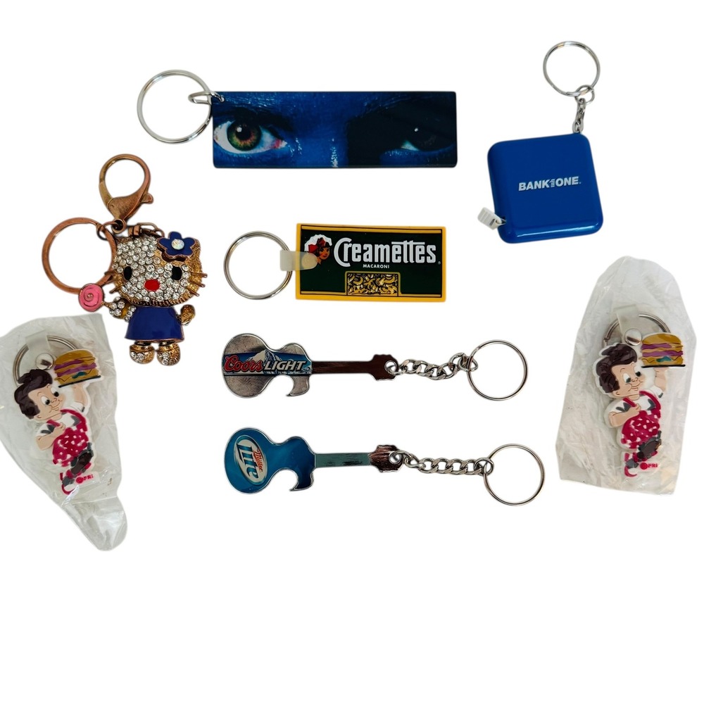 Vtg Keychain lot Hello Kitty Rhinestone‎ Guitar Miller Lite Tape Measure Avitar